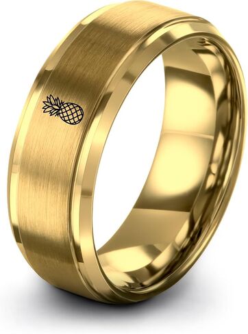 Hawaiian Pineapple style Shirt Ring - Gift for Tropical Shirt Fan - Band - Yellow Rose Gold Blue Silver - Tungsten - Flat Dome Bevel - 8mm - Anniversary Wedding - Men Women - Personalized Custom Engra in Saudi Arabia