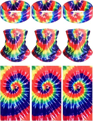 9 Pieces Hippie Tie Dye Bandana Headband Head Tie Neck Gaiter Face Mask Non Slip Hippie Costume Set Gay Rainbow Sun Protection Mask in Saudi Arabia