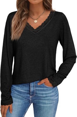 AUTOMET Long Sleeve Shirts for Women Lace V Neck Basic Casual Tops Loose Fit Fall Cute Clothes Fashion Winter Clothing in Kuwait