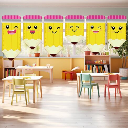 Preboun 6 Pcs School Pencil Curtains Back to Classroom Decoration Rainbow Window Pencil Curtains First Day of School for Door Kindergarten Daycare Primary Bedroom Playroom Decor(Cute Expressions) in Saudi Arabia