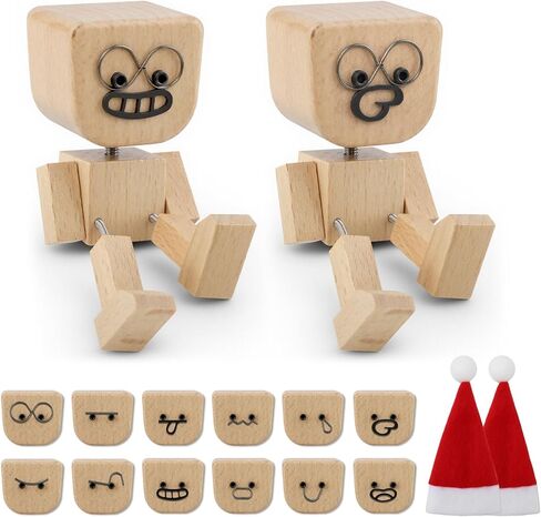 1PCS Shaking Feet Wooden Doll, Tiny Wooden Shaking Man Doll with Spring Legs with 12pcs Magnetic Expressions Funny Cars Ornaments Wood Desktop Decor, Car Dashboard Accessories in Saudi Arabia