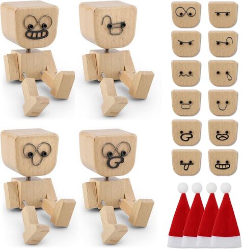 1PCS Shaking Feet Wooden Doll, Tiny Wooden Shaking Man Doll with Spring Legs with 12pcs Magnetic Expressions Funny Cars Ornaments Wood Desktop Decor, Car Dashboard Accessories in Saudi Arabia