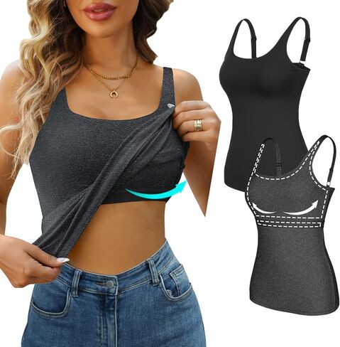V FOR CITY Tank Top for Women with Shelf Bra Cotton Adjustable Wide Strap Camisole Basic Cami Shirts 2 Pack in Saudi Arabia