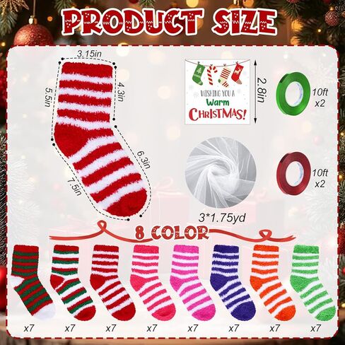 Shihanee 56 Pairs Warm Christmas Fuzzy Socks with Candy Gift Packaging Fuzzy Stripe Slipper Soft Fluffy Athletic Socks Stocking Stuffers Women Christmas Gifts in Saudi Arabia