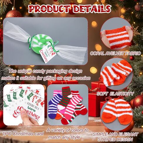 Shihanee 56 Pairs Warm Christmas Fuzzy Socks with Candy Gift Packaging Fuzzy Stripe Slipper Soft Fluffy Athletic Socks Stocking Stuffers Women Christmas Gifts in Saudi Arabia