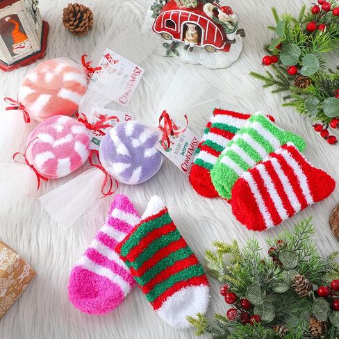 Shihanee 56 Pairs Warm Christmas Fuzzy Socks with Candy Gift Packaging Fuzzy Stripe Slipper Soft Fluffy Athletic Socks Stocking Stuffers Women Christmas Gifts in Saudi Arabia