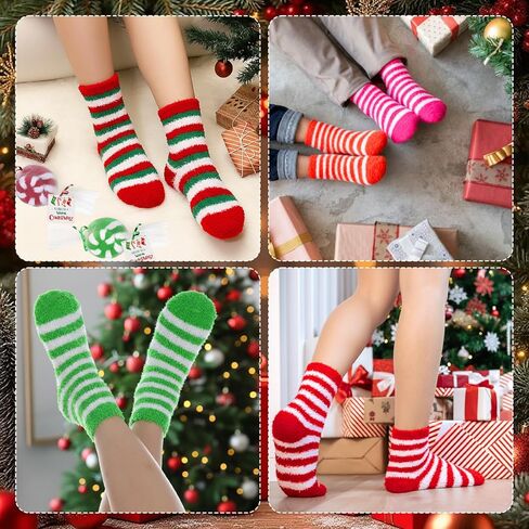 Shihanee 56 Pairs Warm Christmas Fuzzy Socks with Candy Gift Packaging Fuzzy Stripe Slipper Soft Fluffy Athletic Socks Stocking Stuffers Women Christmas Gifts in Saudi Arabia