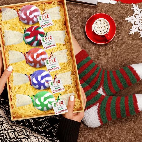 Shihanee 56 Pairs Warm Christmas Fuzzy Socks with Candy Gift Packaging Fuzzy Stripe Slipper Soft Fluffy Athletic Socks Stocking Stuffers Women Christmas Gifts in Saudi Arabia