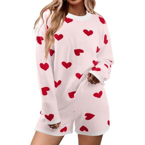 MYHALF Valentine's Day Sweater Sets Heart Sweater for Women Long Sleeve Knit Sweater and Shorts 2 Piece Outfits in Saudi Arabia