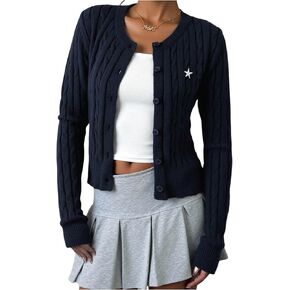 Milumia Girl's Star Cable Knit Cardigan Sweater Y2k Ribbed Long Sleeve Button Down Going Out Crop Tops in Saudi Arabia