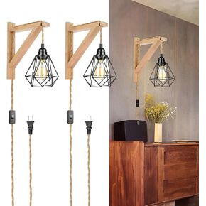 Frideko Wood Plug in Wall Sconces Set of Two, Hanging Lamps That Plug into Wall Outlet, Farmhouse Wall Light Fixtures with 8.21FT On/Off Switch Cord, Indoor Rustic Wall Lamp for Bedroom Living Room in Kuwait