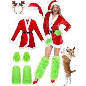 Shihanee 5 Pcs Christmas Green Big Monster Santa Costume for Women Deluxe Furry Adult Santa Suit Xmas Holiday Outfit Include Christmas Costume Green Fuzzy Faux Fur Hand Gloves, Leg Warmers in Saudi Arabia