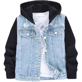 MakeMeChic Boy's Color Block Denim Jacket Hooded Long Sleeve Button Down Coat Outerwear in Saudi Arabia