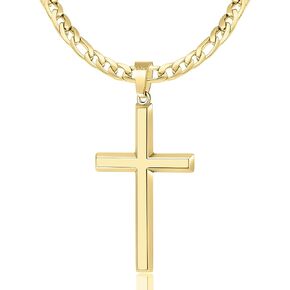 S925 Sterling Silver and 18K Gold Plated Cross Necklace for Men Women, 5mm Durable Figaro Chain with Beveled Edge Cross Pendant, Hypoallergenic Not To Fade Necklaces Jewelry Gifts 16-30'' in Saudi Arabia