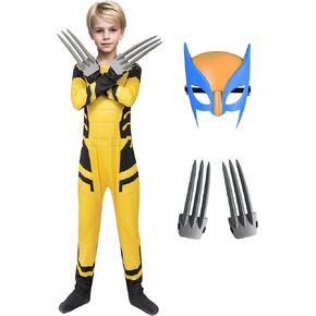 Boys Hero Costume Halloween Cosplay Kids Yellow Spandex Bodysuit with Mask Claws in Kuwait