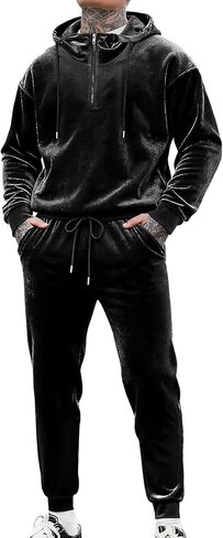 LecGee Mens Velvet Tracksuit Quarter Zip Pullover Hoodie and Joggers Sweatpants Casual Velour Sweatsuit Set in Saudi Arabia