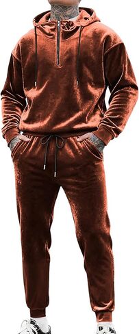 LecGee Mens Velvet Tracksuit Quarter Zip Pullover Hoodie and Joggers Sweatpants Casual Velour Sweatsuit Set in Saudi Arabia