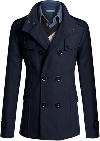 Lu's Chic Men's Long Sleeve Tops Double Breasted Slim Fit Pea Coat Jacket Fashion Outerwear in Saudi Arabia