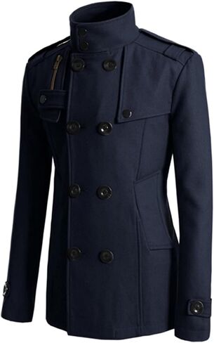 Lu's Chic Men's Long Sleeve Tops Double Breasted Slim Fit Pea Coat Jacket Fashion Outerwear in Saudi Arabia