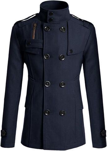 Lu's Chic Men's Long Sleeve Tops Double Breasted Slim Fit Pea Coat Jacket Fashion Outerwear in Saudi Arabia