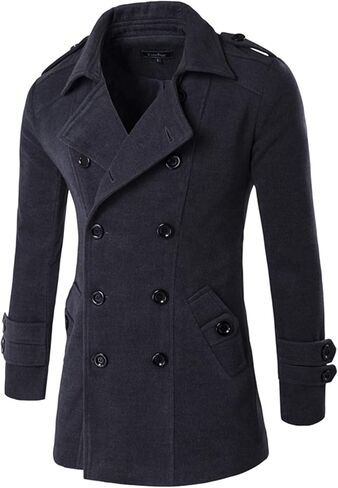 Lu's Chic Men's Long Sleeve Tops Double Breasted Slim Fit Pea Coat Jacket Fashion Outerwear in Saudi Arabia