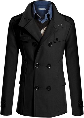 Lu's Chic Men's Long Sleeve Tops Double Breasted Slim Fit Pea Coat Jacket Fashion Outerwear in Saudi Arabia