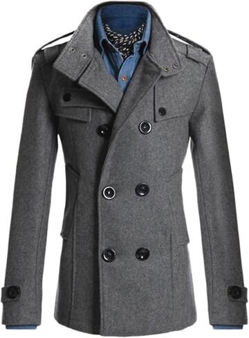 Lu's Chic Men's Long Sleeve Tops Double Breasted Slim Fit Pea Coat Jacket Fashion Outerwear in Saudi Arabia
