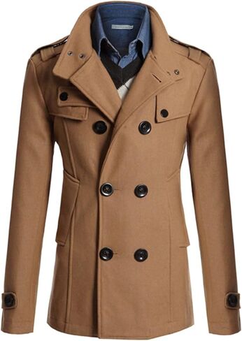 Lu's Chic Men's Long Sleeve Tops Double Breasted Slim Fit Pea Coat Jacket Fashion Outerwear in Saudi Arabia