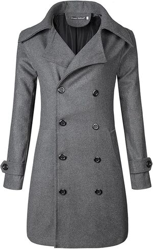 Lu's Chic Men's Long Sleeve Tops Double Breasted Slim Fit Pea Coat Jacket Fashion Outerwear in Saudi Arabia