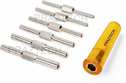 PRAZTECH® Clock Mainspring Let-Down Key Tool Kit | Includes 6 Double-Ended Chuck Rods (12 Arbor Sizes) + Ergonomic Handle | Clock Winding Arbor Release Tool for Watchmakers & Repair in Kuwait