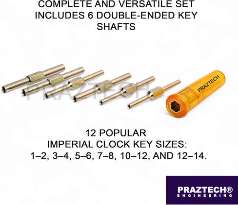 PRAZTECH® Clock Mainspring Let-Down Key Tool Kit | Includes 6 Double-Ended Chuck Rods (12 Arbor Sizes) + Ergonomic Handle | Clock Winding Arbor Release Tool for Watchmakers & Repair in Kuwait