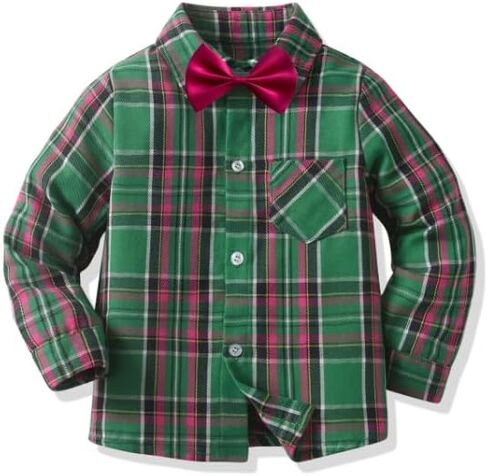 Boys Long Sleeve Plaid Shirts Button Down Boys Shirt with Bow Tie Christmas Toddler Dress Clothes in Saudi Arabia