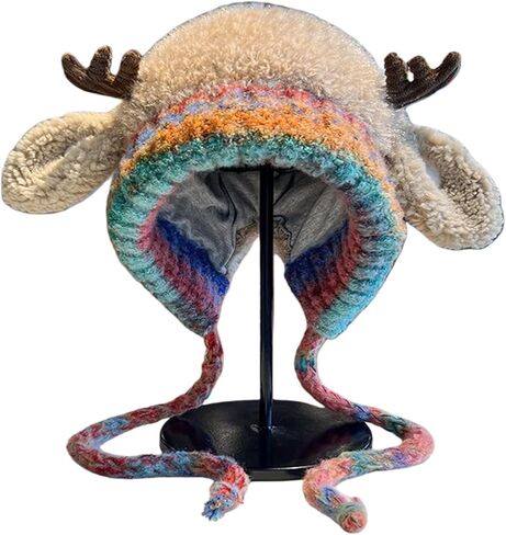 Christmas Antler Hat,Creative Reindeer Knitted Xmas Beanie&Bag 2-in-1,Foldable Deer Antler Winter Hat with Storage Handbag in Saudi Arabia