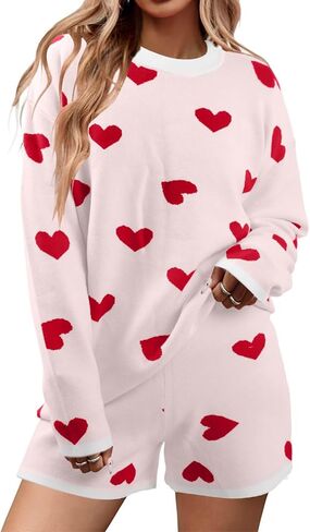 MYHALF Valentine's Day Sweater Sets Heart Sweater for Women Long Sleeve Knit Sweater and Shorts 2 Piece Outfits in Saudi Arabia