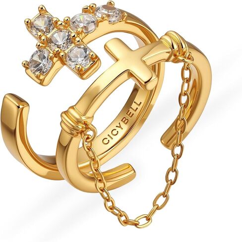 Cicy Bell 18K Gold Plated Stackable Double Cross Rings for Women Adjustable Dainty Cubic Zirconia Chain Non Tarnish Rings Christian Faith and Religious Jewelry Gifts for Her in Saudi Arabia