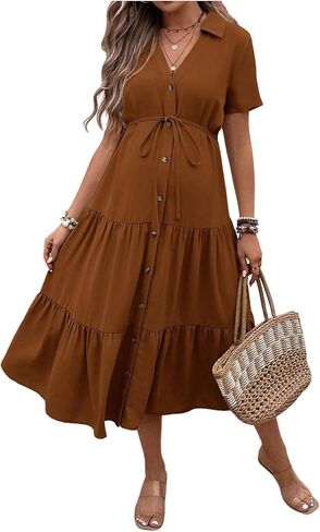 OYOANGLE Women's Maternity Button Belted Dress | V Neck, Short Sleeve, Ruffle A Line Midi Dresses, Business, Work, Casual, Flowy Maternity Dress in Saudi Arabia