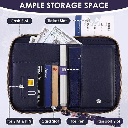 Passport Holder, Passport Cover Women/Men, Leather Travel Essentials with Safe Zipper Closure, Card Holder Wallet RFID Blocking, Cute Passport Book, Navy Blue Flowers in Kuwait
