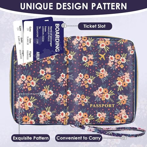 Passport Holder, Passport Cover Women/Men, Leather Travel Essentials with Safe Zipper Closure, Card Holder Wallet RFID Blocking, Cute Passport Book, Navy Blue Flowers in Kuwait