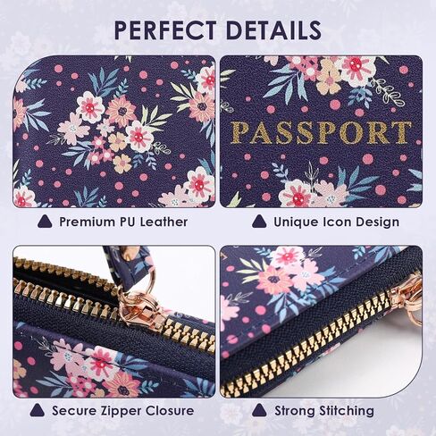 Passport Holder, Passport Cover Women/Men, Leather Travel Essentials with Safe Zipper Closure, Card Holder Wallet RFID Blocking, Cute Passport Book, Navy Blue Flowers in Kuwait