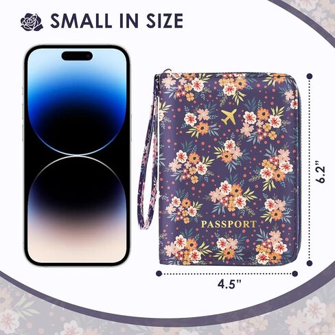 Passport Holder, Passport Cover Women/Men, Leather Travel Essentials with Safe Zipper Closure, Card Holder Wallet RFID Blocking, Cute Passport Book, Navy Blue Flowers in Kuwait