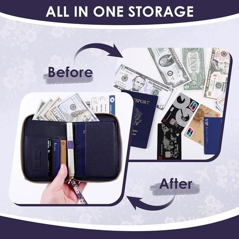Passport Holder, Passport Cover Women/Men, Leather Travel Essentials with Safe Zipper Closure, Card Holder Wallet RFID Blocking, Cute Passport Book, Navy Blue Flowers in Kuwait