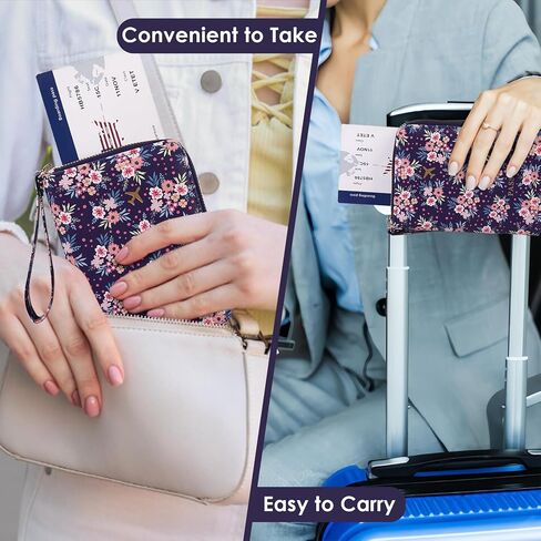 Passport Holder, Passport Cover Women/Men, Leather Travel Essentials with Safe Zipper Closure, Card Holder Wallet RFID Blocking, Cute Passport Book, Navy Blue Flowers in Kuwait