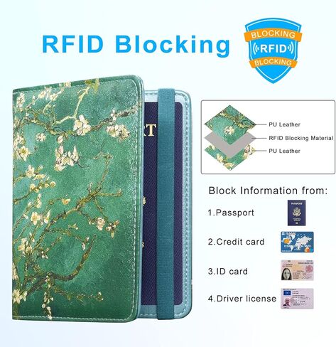 غطاء حامل جواز السفر من ACdream، حافظة محفظة جلدية للسفر، واقي منظم المستندات الذي يحجب RFID، مع فتحات لبطاقات الائتمان، بطاقة الصعود إلى الطائرة، للنساء والرجال، Blossom in Kuwait