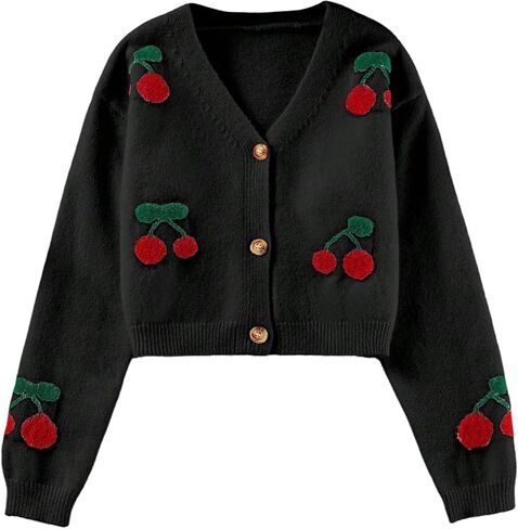 SHENHE Girl's Cherry Cardigan Sweater Button Down Lightweight Soft Knit Fall Crop Cardigan in Saudi Arabia