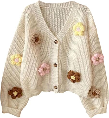 Girl's 3D Floral Cardigan Sweaters Cute Long Sleeve V Neck Button Down Knit Outerwear in Saudi Arabia