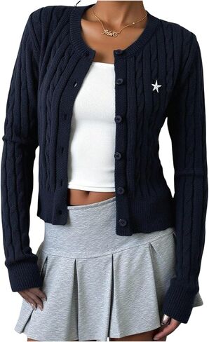 Milumia Girl's Star Cable Knit Cardigan Sweater Y2k Ribbed Long Sleeve Button Down Going Out Crop Tops in Saudi Arabia