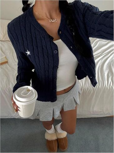 Milumia Girl's Star Cable Knit Cardigan Sweater Y2k Ribbed Long Sleeve Button Down Going Out Crop Tops in Saudi Arabia