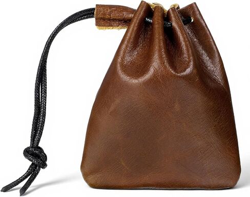Leather Drawstring Coin Purse, Drawstring Cowhide Bag, Leather Drawstrings Pouch, Portable Retro Travel Phone Dice Storage Bag for Keys, Coins, Small Items Storage (Light Brown, 3.9 x 4.7 Inches） in Kuwait