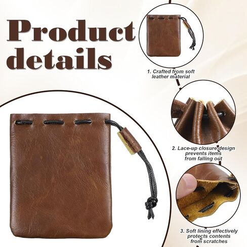 Leather Drawstring Coin Purse, Drawstring Cowhide Bag, Leather Drawstrings Pouch, Portable Retro Travel Phone Dice Storage Bag for Keys, Coins, Small Items Storage (Light Brown, 3.9 x 4.7 Inches） in Kuwait