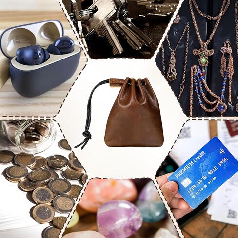 Leather Drawstring Coin Purse, Drawstring Cowhide Bag, Leather Drawstrings Pouch, Portable Retro Travel Phone Dice Storage Bag for Keys, Coins, Small Items Storage (Light Brown, 3.9 x 4.7 Inches） in Kuwait